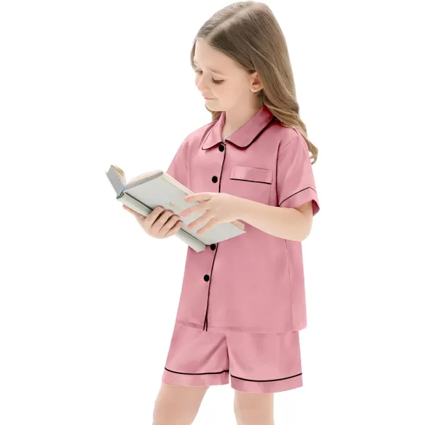 SWOMOG Unisex Kids Silk Satin Pajamas Sets Girls Boys Pjs Set ButtonDown Sleepwear Short Sleeve Nightwear 2 Piece Lounge SetMisty Rose