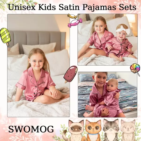 SWOMOG Unisex Kids Silk Satin Pajamas Sets Girls Boys Pjs Set ButtonDown Sleepwear Short Sleeve Nightwear 2 Piece Lounge SetMisty Rose