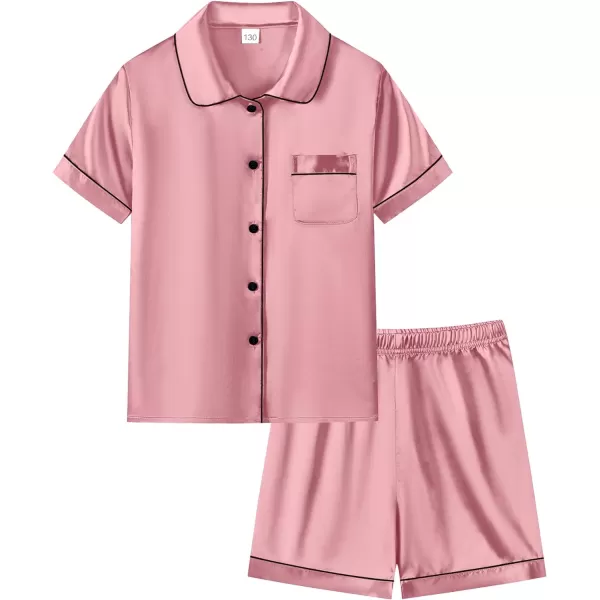 SWOMOG Unisex Kids Silk Satin Pajamas Sets Girls Boys Pjs Set ButtonDown Sleepwear Short Sleeve Nightwear 2 Piece Lounge SetMisty Rose