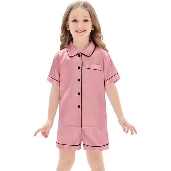 SWOMOG Unisex Kids Silk Satin Pajamas Sets Girls Boys Pjs Set ButtonDown Sleepwear Short Sleeve Nightwear 2 Piece Lounge SetMisty Rose