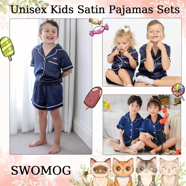 SWOMOG Unisex Kids Silk Satin Pajamas Sets Girls Boys Pjs Set ButtonDown Sleepwear Short Sleeve Nightwear 2 Piece Lounge SetNavy Blue