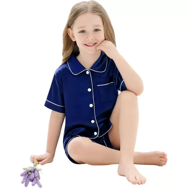 SWOMOG Unisex Kids Silk Satin Pajamas Sets Girls Boys Pjs Set ButtonDown Sleepwear Short Sleeve Nightwear 2 Piece Lounge SetNavy Blue