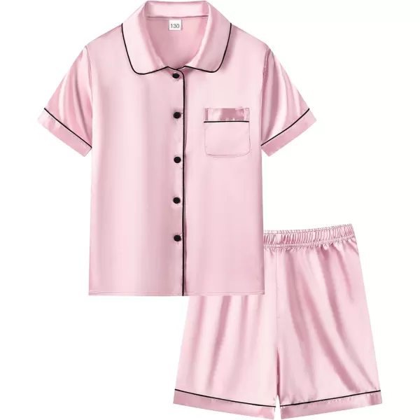 SWOMOG Unisex Kids Silk Satin Pajamas Sets Girls Boys Pjs Set ButtonDown Sleepwear Short Sleeve Nightwear 2 Piece Lounge SetPink