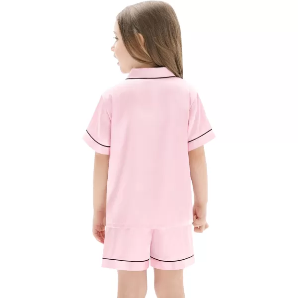 SWOMOG Unisex Kids Silk Satin Pajamas Sets Girls Boys Pjs Set ButtonDown Sleepwear Short Sleeve Nightwear 2 Piece Lounge SetPink