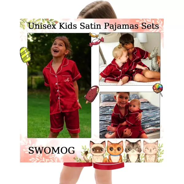 SWOMOG Unisex Kids Silk Satin Pajamas Sets Girls Boys Pjs Set ButtonDown Sleepwear Short Sleeve Nightwear 2 Piece Lounge SetRed