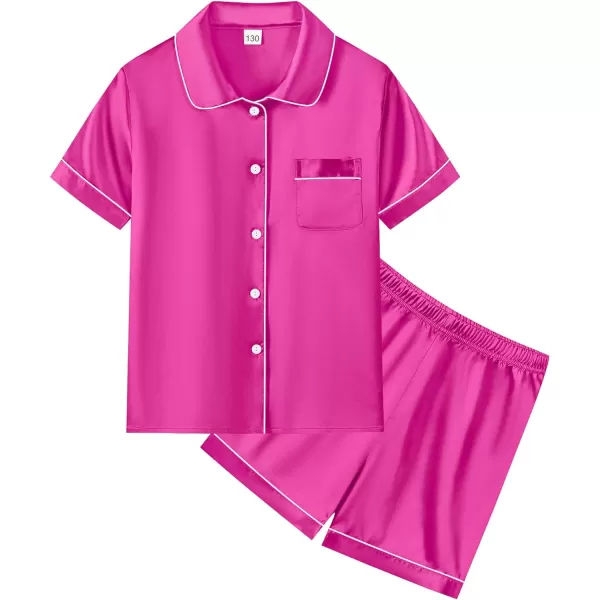 SWOMOG Unisex Kids Silk Satin Pajamas Sets Girls Boys Pjs Set ButtonDown Sleepwear Short Sleeve Nightwear 2 Piece Lounge SetRose