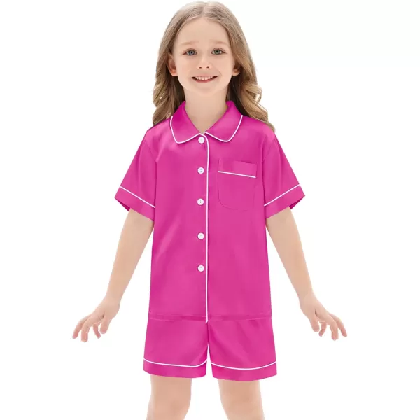 SWOMOG Unisex Kids Silk Satin Pajamas Sets Girls Boys Pjs Set ButtonDown Sleepwear Short Sleeve Nightwear 2 Piece Lounge SetRose