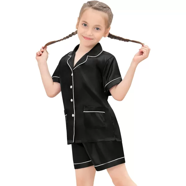 SWOMOG Unisex Satin Pajamas Set 3Pcs Kid Girls Boy Silk Pjs Set with 2 Pockets Short Sleeve Cute Button Down Sleepwear 4T13TBlack