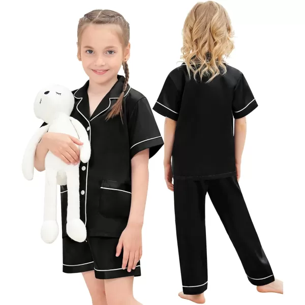 SWOMOG Unisex Satin Pajamas Set 3Pcs Kid Girls Boy Silk Pjs Set with 2 Pockets Short Sleeve Cute Button Down Sleepwear 4T13TBlack