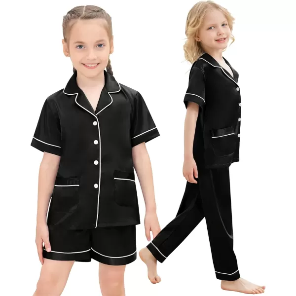 SWOMOG Unisex Satin Pajamas Set 3Pcs Kid Girls Boy Silk Pjs Set with 2 Pockets Short Sleeve Cute Button Down Sleepwear 4T13TBlack