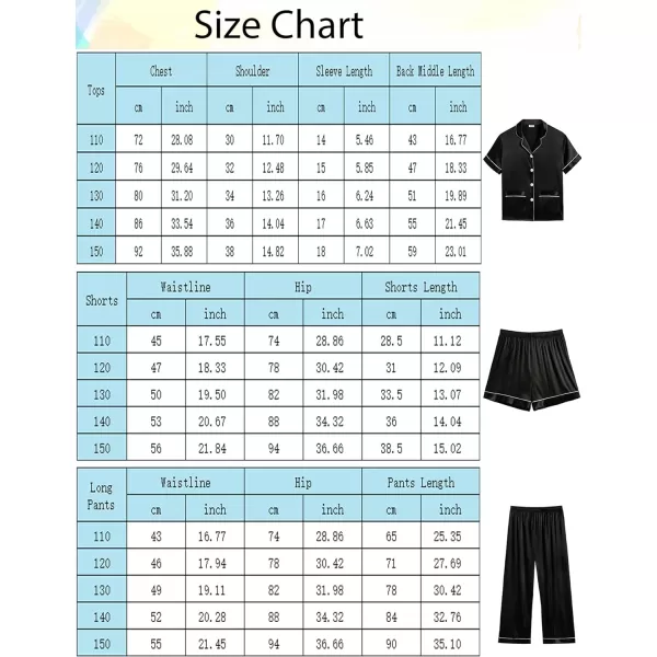 SWOMOG Unisex Satin Pajamas Set 3Pcs Kid Girls Boy Silk Pjs Set with 2 Pockets Short Sleeve Cute Button Down Sleepwear 4T13TBlack