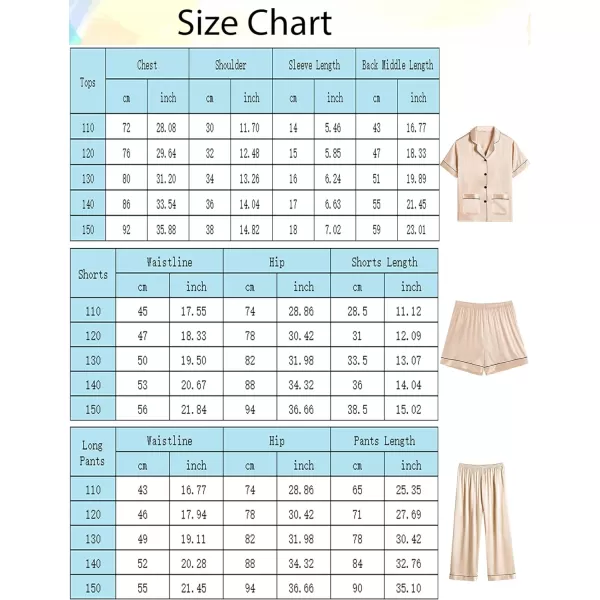 SWOMOG Unisex Satin Pajamas Set 3Pcs Kid Girls Boy Silk Pjs Set with 2 Pockets Short Sleeve Cute Button Down Sleepwear 4T13TChampagne