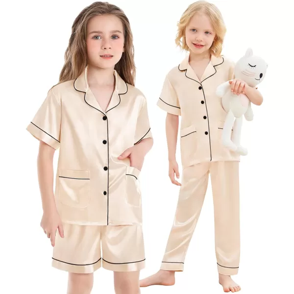 SWOMOG Unisex Satin Pajamas Set 3Pcs Kid Girls Boy Silk Pjs Set with 2 Pockets Short Sleeve Cute Button Down Sleepwear 4T13TChampagne