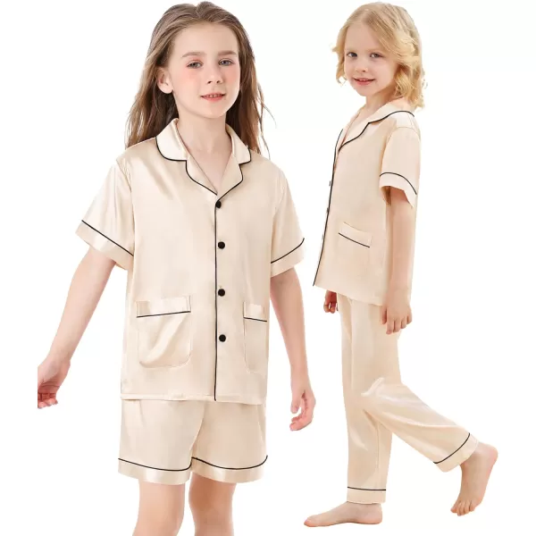 SWOMOG Unisex Satin Pajamas Set 3Pcs Kid Girls Boy Silk Pjs Set with 2 Pockets Short Sleeve Cute Button Down Sleepwear 4T13TChampagne