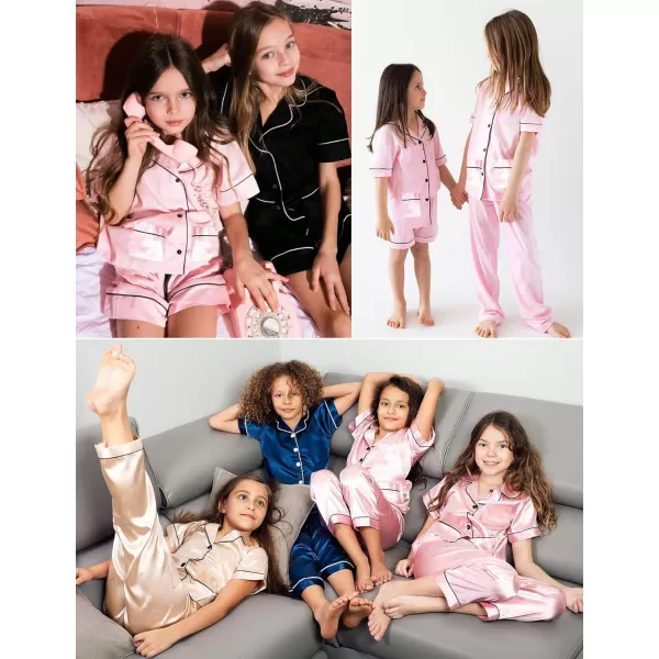 SWOMOG Unisex Satin Pajamas Set 3Pcs Kid Girls Boy Silk Pjs Set with 2 Pockets Short Sleeve Cute Button Down Sleepwear 4T13TChampagne