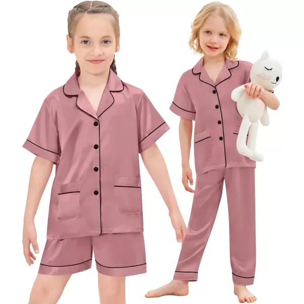 SWOMOG Unisex Satin Pajamas Set 3Pcs Kid Girls Boy Silk Pjs Set with 2 Pockets Short Sleeve Cute Button Down Sleepwear 4T13TMisty Rose