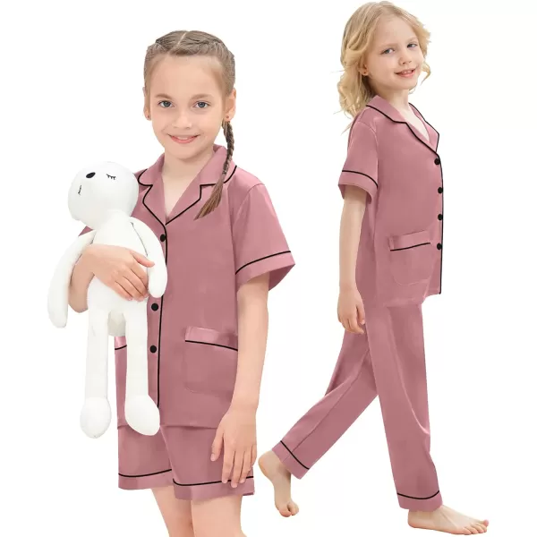 SWOMOG Unisex Satin Pajamas Set 3Pcs Kid Girls Boy Silk Pjs Set with 2 Pockets Short Sleeve Cute Button Down Sleepwear 4T13TMisty Rose