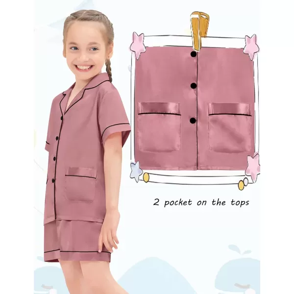 SWOMOG Unisex Satin Pajamas Set 3Pcs Kid Girls Boy Silk Pjs Set with 2 Pockets Short Sleeve Cute Button Down Sleepwear 4T13TMisty Rose