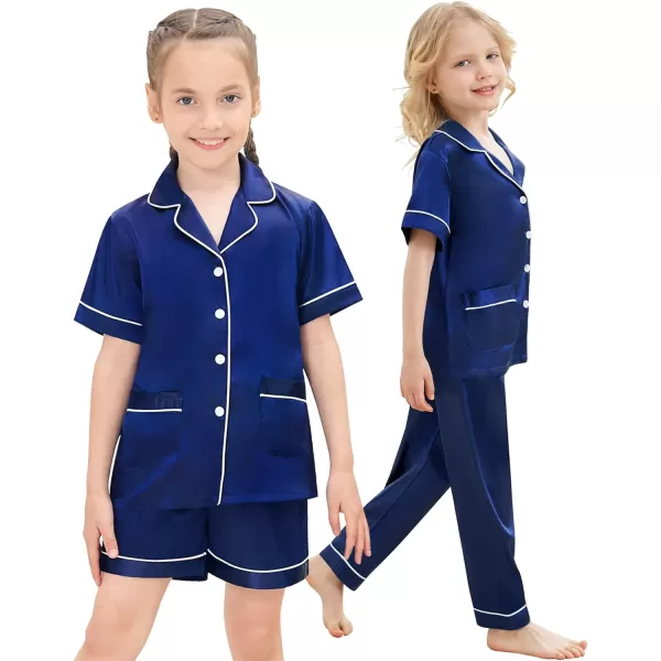 SWOMOG Unisex Satin Pajamas Set 3Pcs Kid Girls Boy Silk Pjs Set with 2 Pockets Short Sleeve Cute Button Down Sleepwear 4T13TNavy Blue