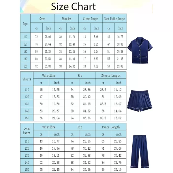 SWOMOG Unisex Satin Pajamas Set 3Pcs Kid Girls Boy Silk Pjs Set with 2 Pockets Short Sleeve Cute Button Down Sleepwear 4T13TNavy Blue