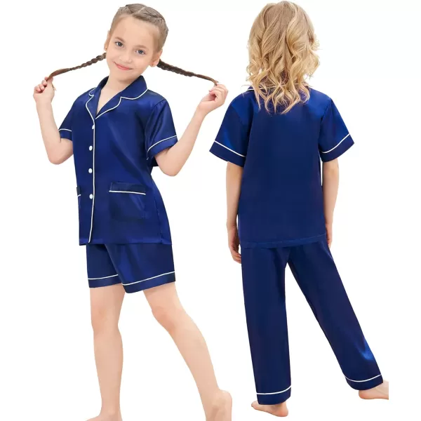 SWOMOG Unisex Satin Pajamas Set 3Pcs Kid Girls Boy Silk Pjs Set with 2 Pockets Short Sleeve Cute Button Down Sleepwear 4T13TNavy Blue