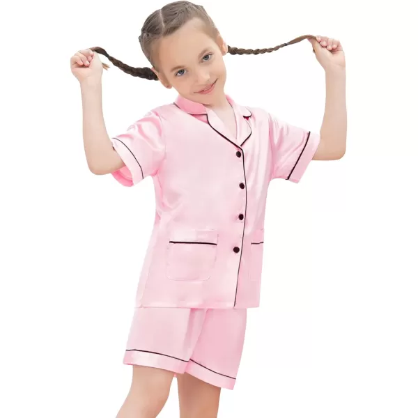 SWOMOG Unisex Satin Pajamas Set 3Pcs Kid Girls Boy Silk Pjs Set with 2 Pockets Short Sleeve Cute Button Down Sleepwear 4T13TPink