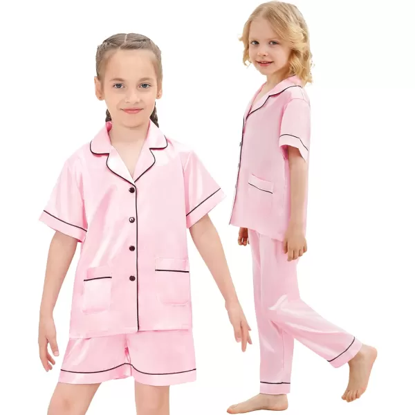 SWOMOG Unisex Satin Pajamas Set 3Pcs Kid Girls Boy Silk Pjs Set with 2 Pockets Short Sleeve Cute Button Down Sleepwear 4T13TPink