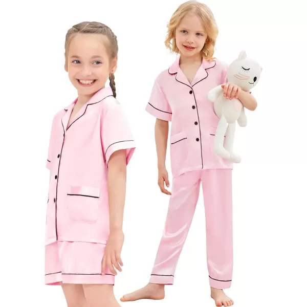 SWOMOG Unisex Satin Pajamas Set 3Pcs Kid Girls Boy Silk Pjs Set with 2 Pockets Short Sleeve Cute Button Down Sleepwear 4T13TPink