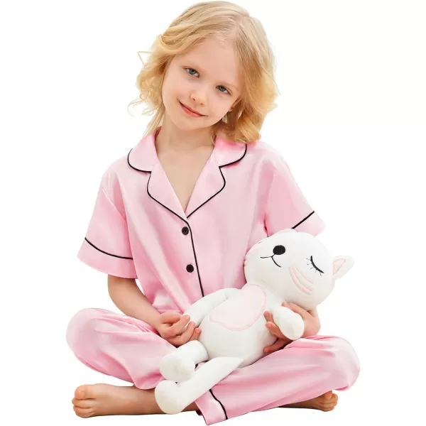 SWOMOG Unisex Satin Pajamas Set 3Pcs Kid Girls Boy Silk Pjs Set with 2 Pockets Short Sleeve Cute Button Down Sleepwear 4T13TPink