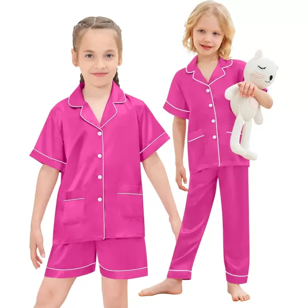 SWOMOG Unisex Satin Pajamas Set 3Pcs Kid Girls Boy Silk Pjs Set with 2 Pockets Short Sleeve Cute Button Down Sleepwear 4T13TRose Red