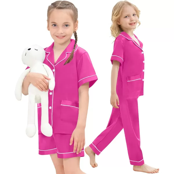 SWOMOG Unisex Satin Pajamas Set 3Pcs Kid Girls Boy Silk Pjs Set with 2 Pockets Short Sleeve Cute Button Down Sleepwear 4T13TRose Red