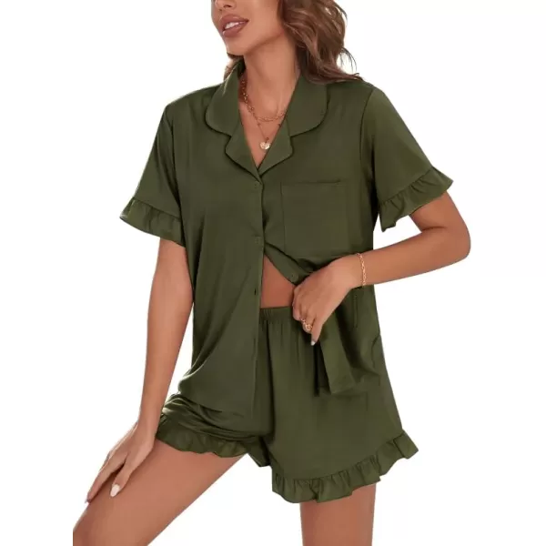 SWOMOG Woman Pajama Set Short Sleeve Pjs Set 2Pcs Short Pajamas Button Down Ruffle Hem Sleepwear Soft Modal LoungewearArmy Green