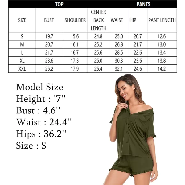 SWOMOG Woman Pajama Set Short Sleeve Pjs Set 2Pcs Short Pajamas Button Down Ruffle Hem Sleepwear Soft Modal LoungewearArmy Green