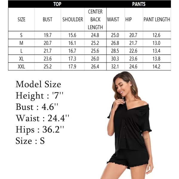 SWOMOG Woman Pajama Set Short Sleeve Pjs Set 2Pcs Short Pajamas Button Down Ruffle Hem Sleepwear Soft Modal LoungewearBlack