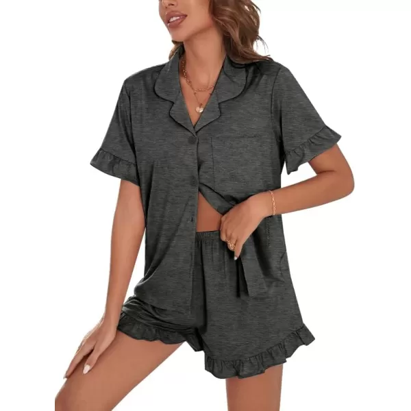 SWOMOG Woman Pajama Set Short Sleeve Pjs Set 2Pcs Short Pajamas Button Down Ruffle Hem Sleepwear Soft Modal LoungewearDark Gray