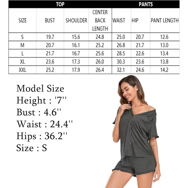 SWOMOG Woman Pajama Set Short Sleeve Pjs Set 2Pcs Short Pajamas Button Down Ruffle Hem Sleepwear Soft Modal LoungewearDark Gray