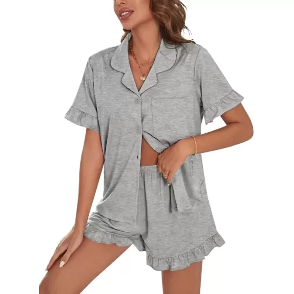 SWOMOG Woman Pajama Set Short Sleeve Pjs Set 2Pcs Short Pajamas Button Down Ruffle Hem Sleepwear Soft Modal LoungewearGray