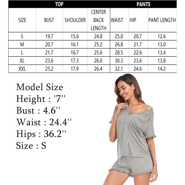 SWOMOG Woman Pajama Set Short Sleeve Pjs Set 2Pcs Short Pajamas Button Down Ruffle Hem Sleepwear Soft Modal LoungewearGray