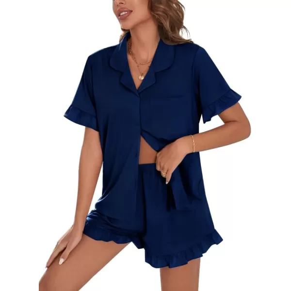 SWOMOG Woman Pajama Set Short Sleeve Pjs Set 2Pcs Short Pajamas Button Down Ruffle Hem Sleepwear Soft Modal LoungewearNavy Blue