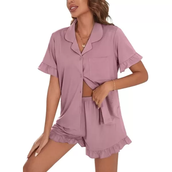 SWOMOG Woman Pajama Set Short Sleeve Pjs Set 2Pcs Short Pajamas Button Down Ruffle Hem Sleepwear Soft Modal LoungewearTaro Purple