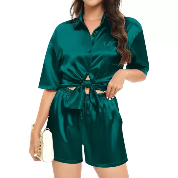 SWOMOG Women 2 Piece Outfits Satin Silk Button Down Shirts And Shorts Loungewear Sweatsuits Soft Pajamas Sleepwear Lounge SetAdark green