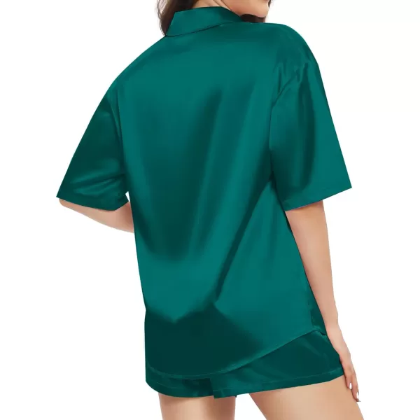 SWOMOG Women 2 Piece Outfits Satin Silk Button Down Shirts And Shorts Loungewear Sweatsuits Soft Pajamas Sleepwear Lounge SetAdark green