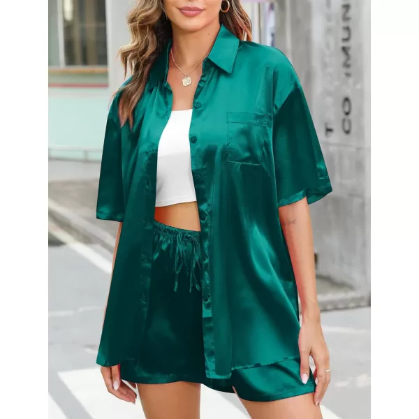 SWOMOG Women 2 Piece Outfits Satin Silk Button Down Shirts And Shorts Loungewear Sweatsuits Soft Pajamas Sleepwear Lounge SetAdark green