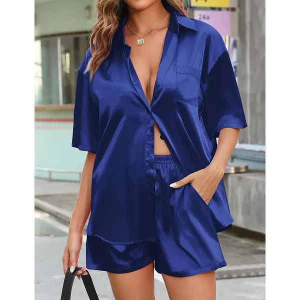 SWOMOG Women 2 Piece Outfits Satin Silk Button Down Shirts And Shorts Loungewear Sweatsuits Soft Pajamas Sleepwear Lounge SetAnavy Blue