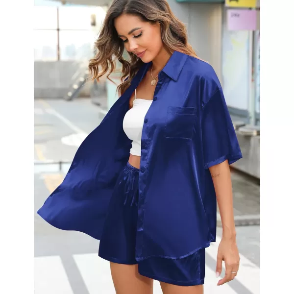 SWOMOG Women 2 Piece Outfits Satin Silk Button Down Shirts And Shorts Loungewear Sweatsuits Soft Pajamas Sleepwear Lounge SetAnavy Blue