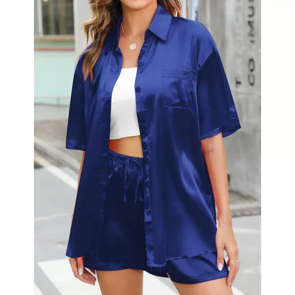 SWOMOG Women 2 Piece Outfits Satin Silk Button Down Shirts And Shorts Loungewear Sweatsuits Soft Pajamas Sleepwear Lounge SetAnavy Blue