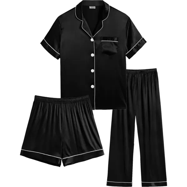 SWOMOG Women 3 PCS Silk Satin Pajama Set Short Sleeve Pjs Set Button Down Sleepwear Bridal Lounge Sets Shorts and Capri PantsBlack