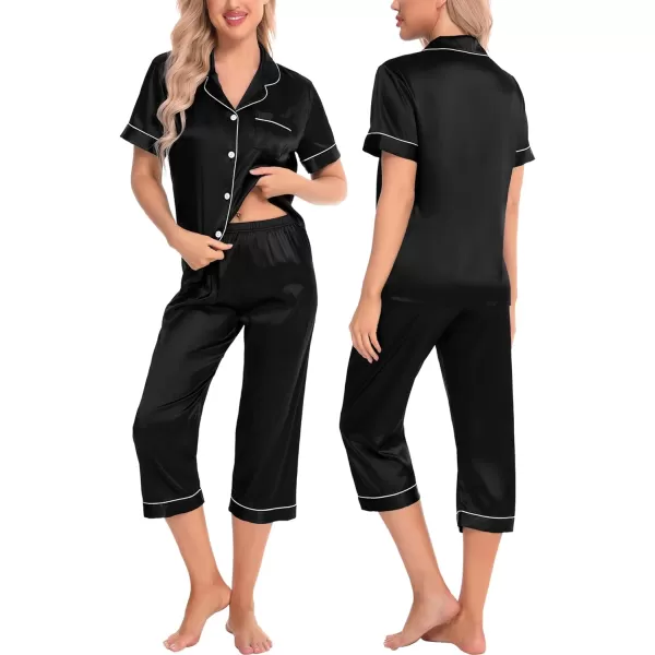 SWOMOG Women 3 PCS Silk Satin Pajama Set Short Sleeve Pjs Set Button Down Sleepwear Bridal Lounge Sets Shorts and Capri PantsBlack