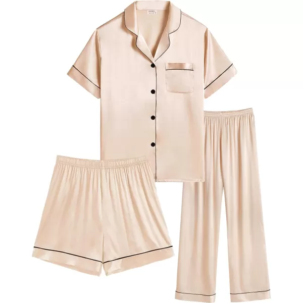 SWOMOG Women 3 PCS Silk Satin Pajama Set Short Sleeve Pjs Set Button Down Sleepwear Bridal Lounge Sets Shorts and Capri PantsChampagne