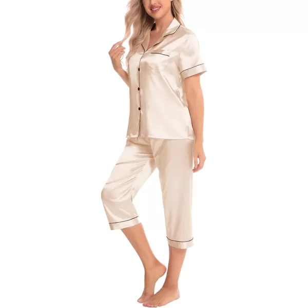 SWOMOG Women 3 PCS Silk Satin Pajama Set Short Sleeve Pjs Set Button Down Sleepwear Bridal Lounge Sets Shorts and Capri PantsChampagne